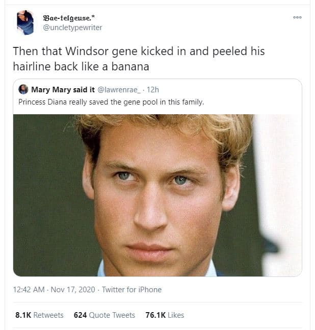 Baetelgeuse uncletypewriter then that windsor gene kicked in and peeled his hair