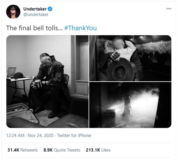 Undertaker undertaker the final bell tolls... thankyou 12.24 am nov 24, twitter