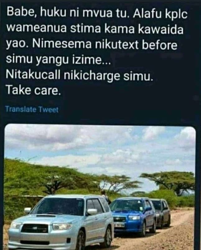 Babe, huku ni mvua tu alafu kplc wameanua stima kama kawaida yao. nimesema nikut