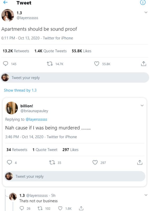 Tweet 1.3 layerssssss apartments should be sound proof 6.11 pm oct 13, twitter f