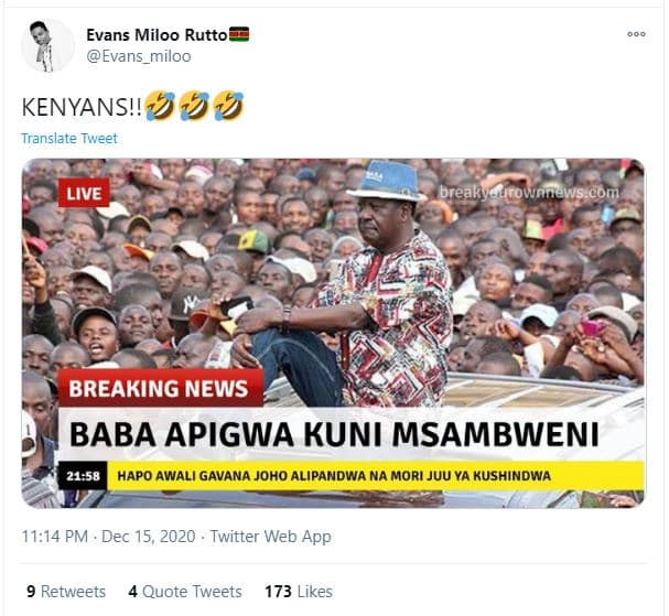 Evans miloo rutto evans_miloo kenyans! 391 translate tweet live breakyerownnews