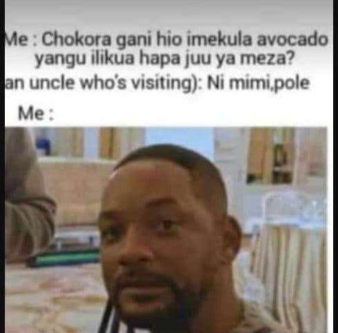Me chokora gani hio imekula avocado yangu ilikua hapa juu ya meza? an uncle whos