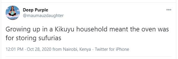 Deep purple maumauzdaughter growing up in a kikuyu household meant the oven was