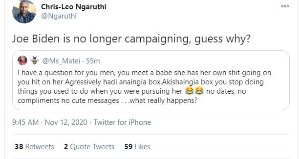 Chrisleo ngaruthi ngaruthi joe biden is no longer campaigning guess why? ms_mate