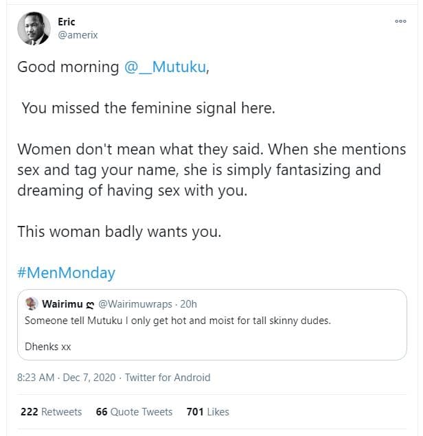 Eric amerıx good morning mutuku you missed the feminine signal here women don't