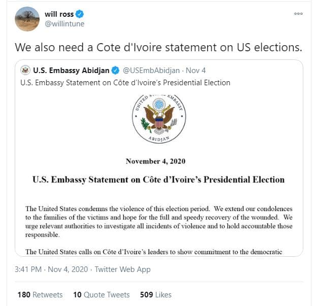 Will ross willintune we also need a cote d'ivoire statement on us elections. u.s