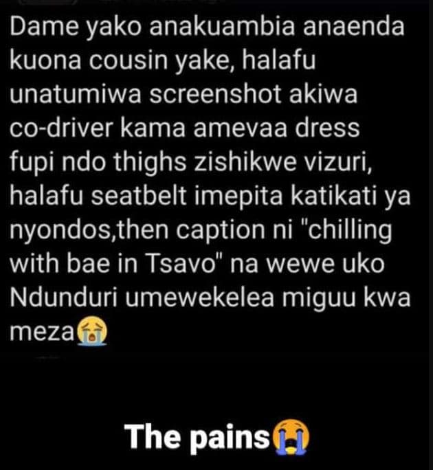 Dame yako anakuambia anaenda kuona cousin yake halafu unatumiwa screenshot akiwa