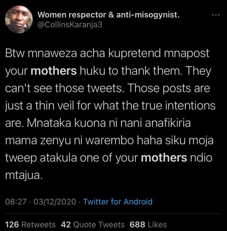 Women respector antimisogynist. collinskaranja3 btw mnaweza acha kupretend mnapo