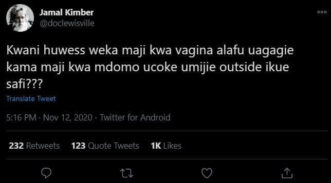 Jamal kimber doclewisville kwani huwess weka maji kwa vagina alafu uagagie kama