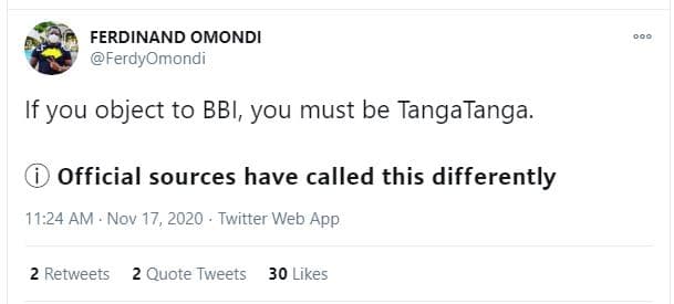 Ferdinand omondi ferdyomondi if you object to bbi, you must be tangatanga. offic