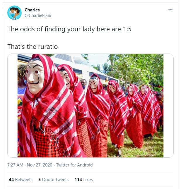 Charles charlieflani the odds of finding your lady here are 15 that's the rurati