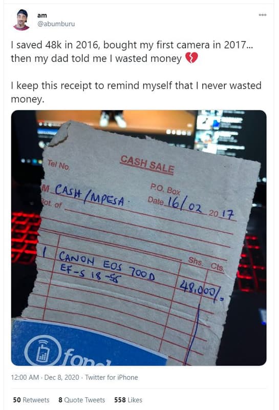 Am abumburu saved 48k in , bought my first camera in . then my dad told me waste