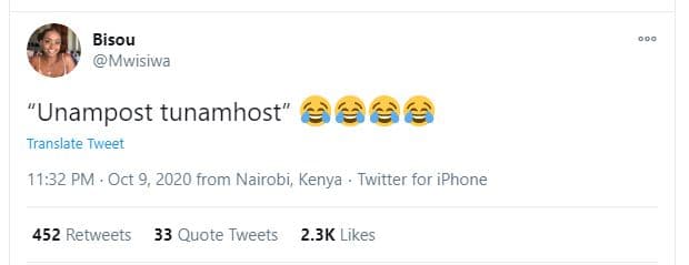 Bisou mwisiwa 'unampost tunamhost ee translate tweet 11.32 pm oct 9, from nairob