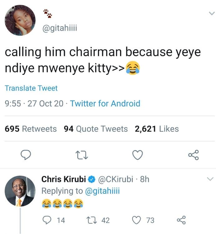 Gitahiiii calling him chairman because yeye ndiye mwenye kitty translate tweet 9