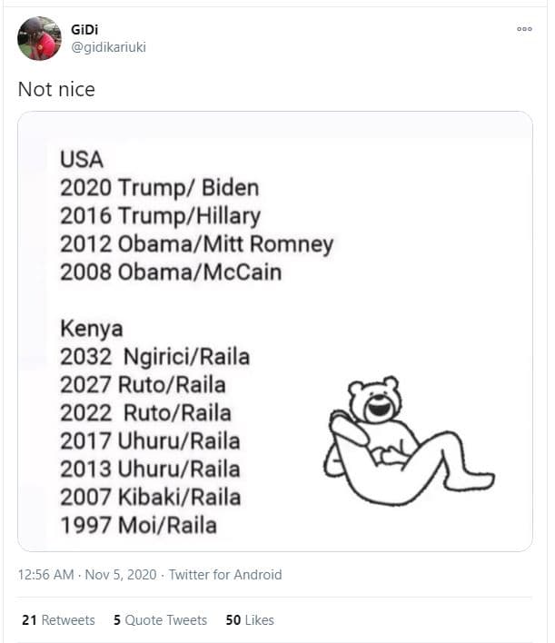 Gidi gidikariuki not nice usa trumpl biden trumphillary obamamitt romney obamamc