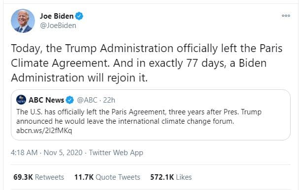 Joe biden joebiden today the trump administration officially left the paris clim