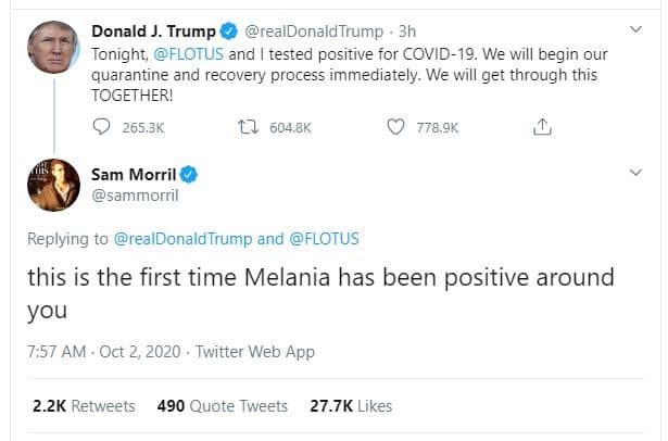 Donald j. trump realdonaldtrump tonight flotus and tested positive for covid19.