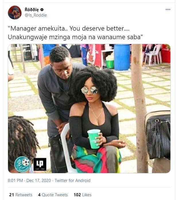 Kãdzię is_roddie 'manager amekuita.. you deserve better_ unakungwaje mzinga moja