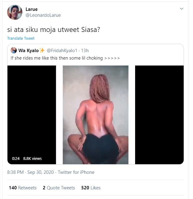 Larue leonardolarue si ata siku moja utweet siasa? translate tweet wa kyalo frid