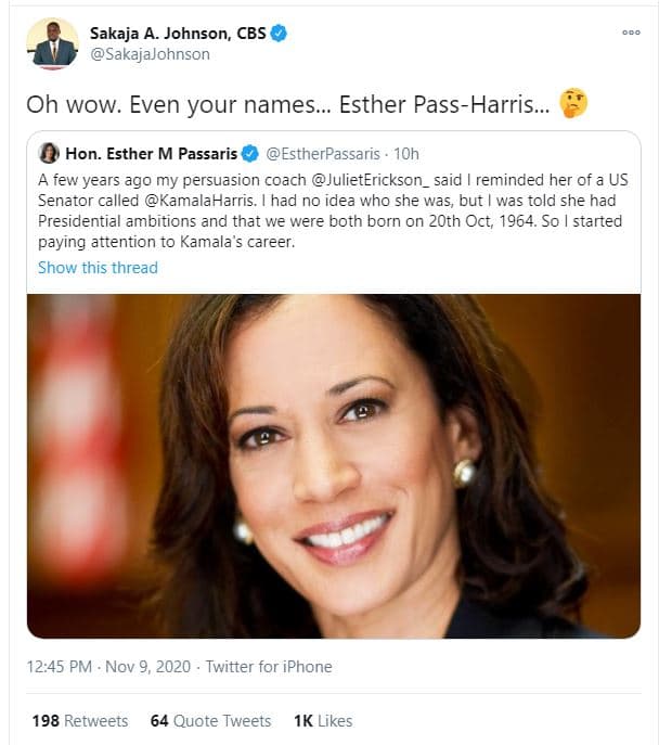 Sakaja a. johnson, cbs sakajajohnson oh wow. even your names. esther passharris.