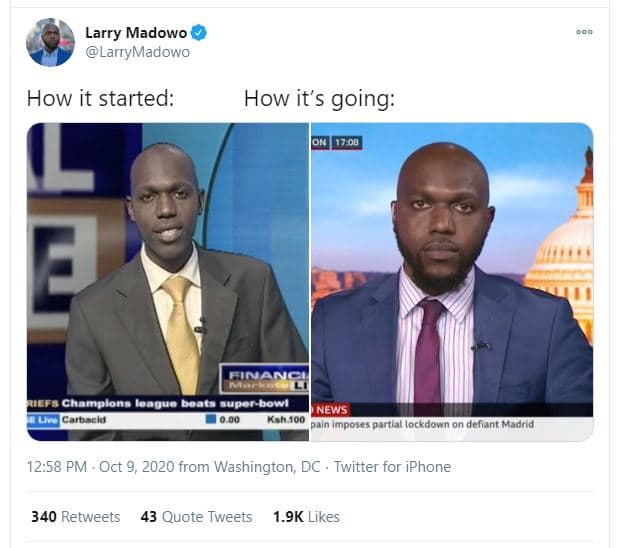 Larry madowo larrymadowo how it started how it's going 17,00 a champlone qud uoa