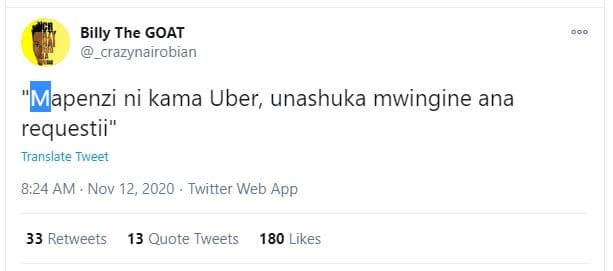 Billy the goat crazynairobian 'mapenzi ni kama uber, unashuka mwingine ana reque
