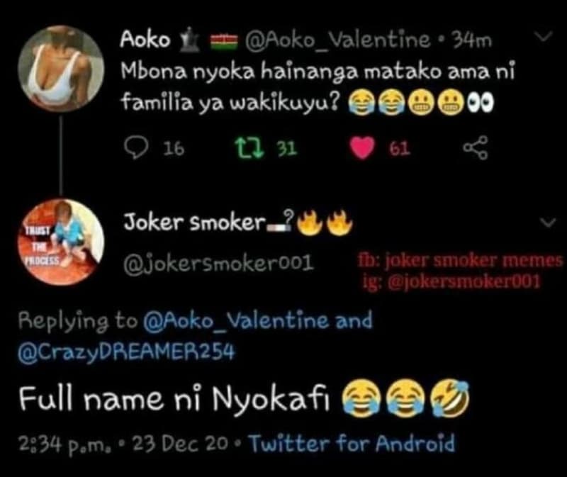 Aoko aoko_valentine 34m mbona nyoka hainanga matako ama ni familia ya wakikuyu?