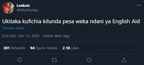 Lenkois mtupombe ukitaka kufichia kilunda pesa weka ndani ya english aid transla
