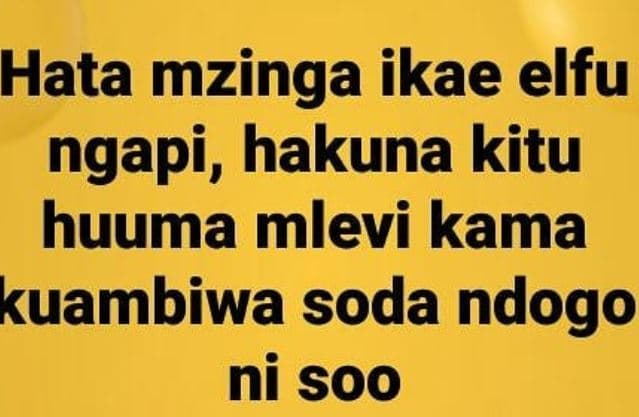 Hata mzinga ikae elfu ngapi, hakuna kitu huuma mlevi kama kuambiwa soda ndogo ni