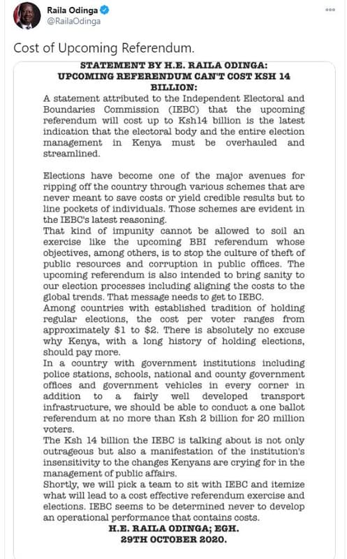 Raila odinga railaodinga cost of upcoming referendum. statement by he raila odin