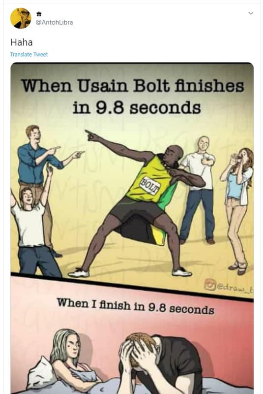 Antohlibra haha translate tweet when usain bolt fnishes in 9.8 seconds edrass wh