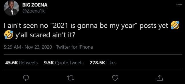 Big zoena zoenaik ain't seen no ' is gonna be my year posts yet yall scared ain'