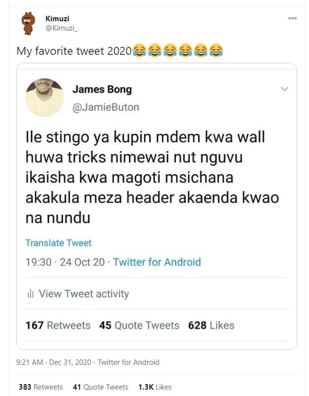 Kimuzi kimuzi_ my favorite tweet james bong jamiebuton ile stingo ya kupin mdem