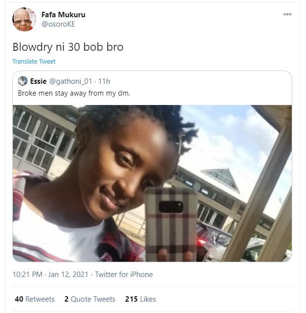 Fafa mukuru osoroke blowdry ni 30 bob bro translate tweet essie gathoni_01 11h b