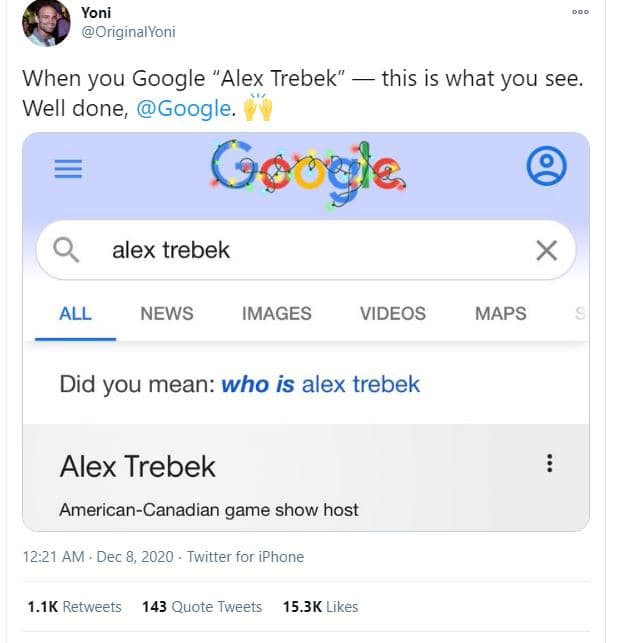 Yoni originalyoni when you google alex trebek' well done google. this is what yo