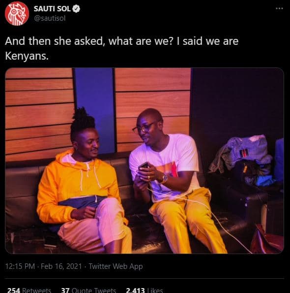 Sauti sol y sautisol and then she asked, what are we? said we are kenyans. 12.15