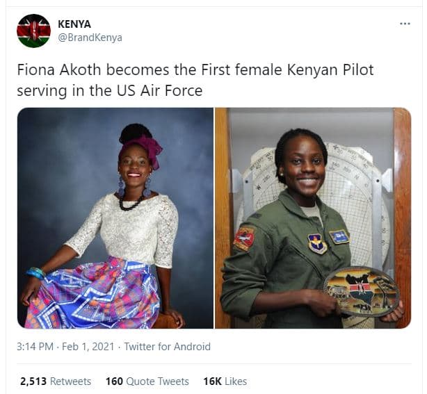 Kenya brandkenya fiona akoth becomes the first female kenyan pilot serving in th