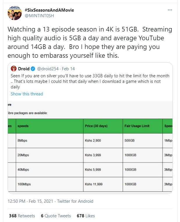 Mmul sixseasonsandamovie mintintosh watching a 13 episode season in 4k is 51gb.