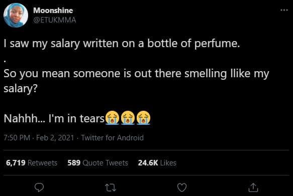 Moonshine etukmma saw my salary written on a bottle of perfume so you mean someo