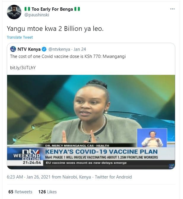 Too early for benga paushinski yangu mtoe kwa 2 billion ya leo translate tweet n