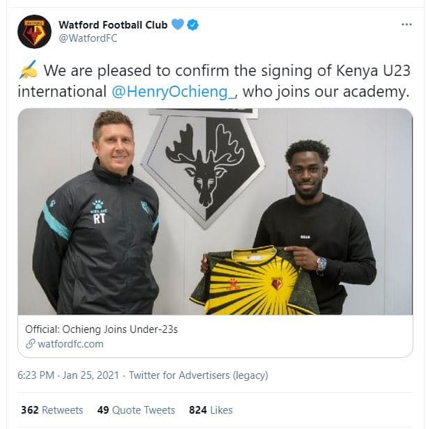 Watford football club watfordfc we are pleased to confirm the signing of kenya u