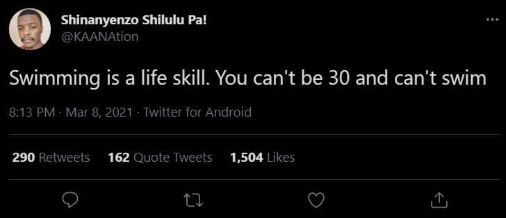 Shinanyenzo shilulu pa! kaanation swimming is a life skill you can't be 30 and c