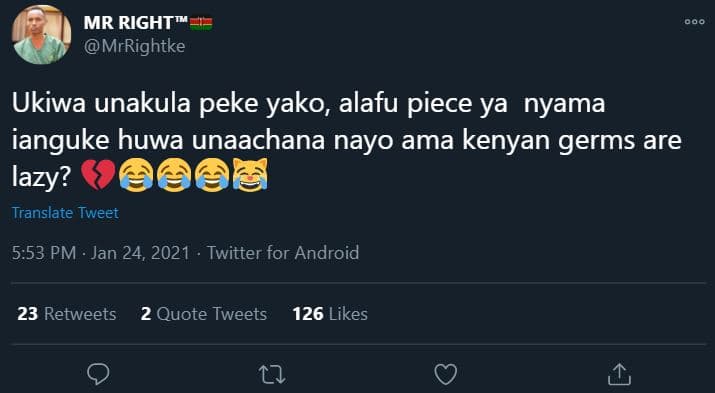 Mr right mrrightke ukiwa unakula peke yako alafu piece ya nyama ianguke huwa una