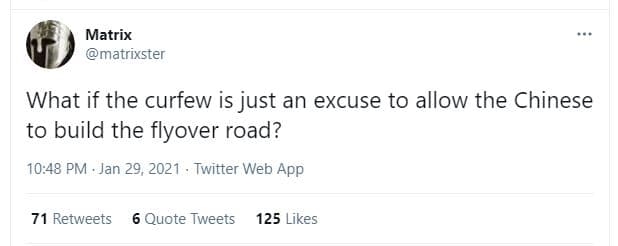 Matrix matrixster what if the curfew is just an excuse to allow the chinese to b
