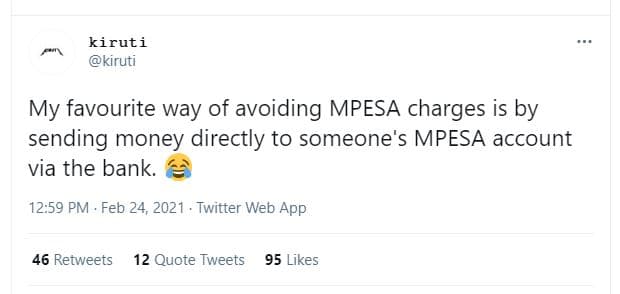 Kiruti kiruti my favourite way of avoiding mpesa charges is by sending money dir