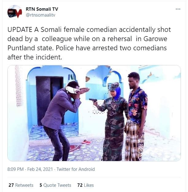 Rtn somali tv rtnsomaalitv update a somali female comedian accidentally shot dea