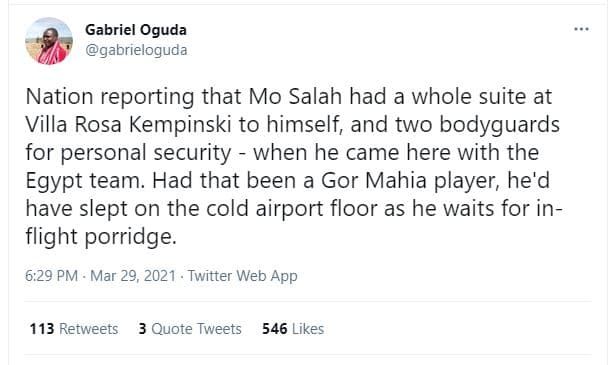 Gabriel oguda gabrieloguda nation reporting that mo salah had a whole suite at v
