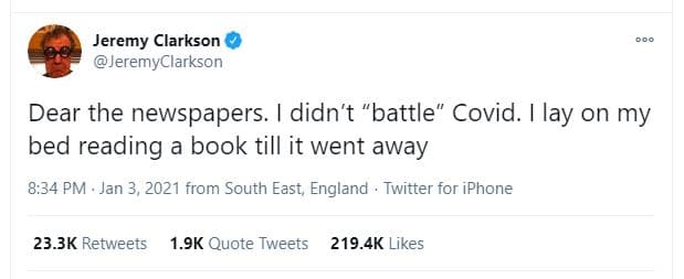 Jeremy clarkson jeremyclarkson dear the newspapers. didn't 'battle covid. lay on