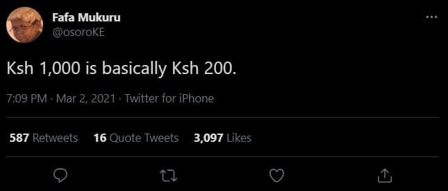 Fafa mukuru osoroke ksh 1,000 is basically ksh 200. 7.09 pm mar 2, twitter for i
