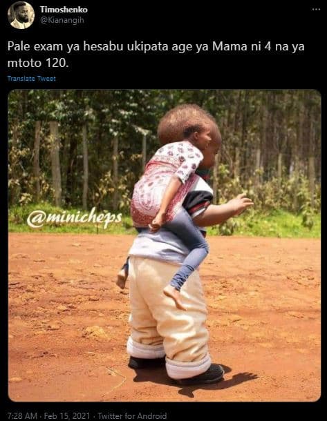 Timoshenko kianangih pale exam ya hesabu ukipata age ya mama ni 4 na ya mtoto 12